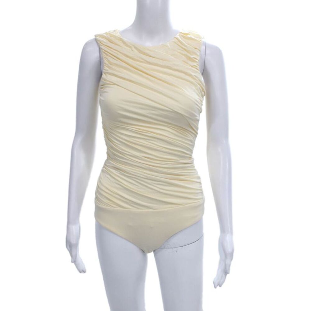 Abadia Womens One Piece Bodysuit Ivory Bamboo Round Neck Sleeveless Size 2XS